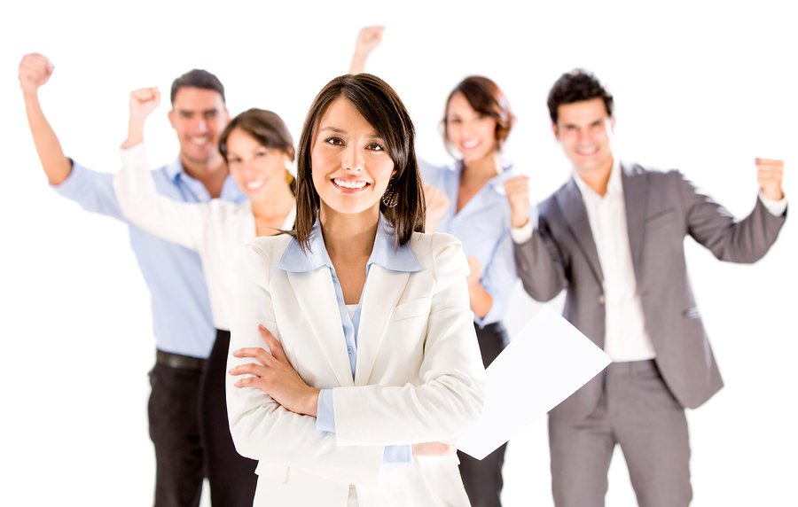 Successful business woman leading a team – isolated over white